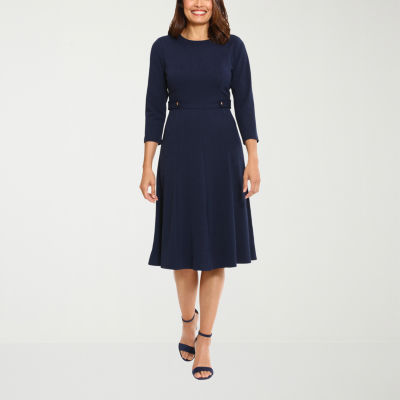 London Times Womens 3/4 Sleeve Midi Fit + Flare Dress