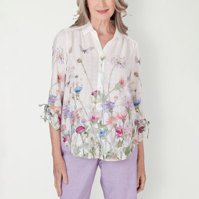 Alfred Dunner Garden Party Womens 3/4 Sleeve Regular Fit Button-Down Shirt