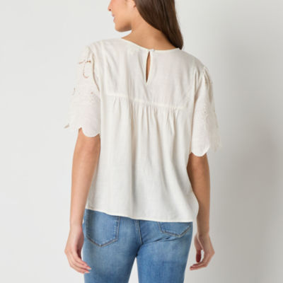a.n.a Womens Round Neck Short Sleeve Embroidered Blouse