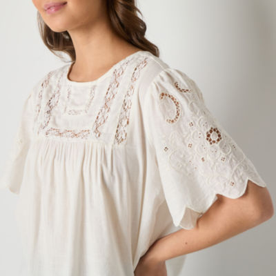 a.n.a Womens Round Neck Short Sleeve Embroidered Blouse
