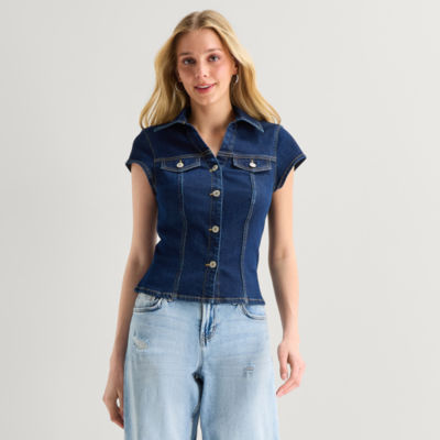 Arizona Womens Juniors Short Sleeve Regular Fit Button-Down Shirt