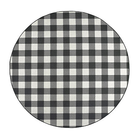 Covington Home Martinique Gingham Plaid 7'10 X 7'10 Indoor Outdoor Round Area Rug, One Size, Black