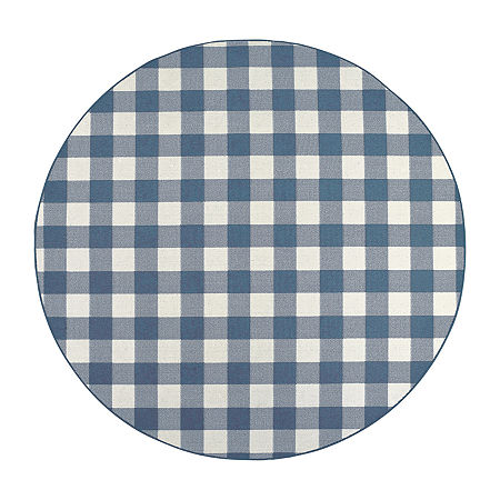 Covington Home Martinique Gingham Plaid 7'10 X 7'10 Indoor Outdoor Round Area Rug, One Size, Blue