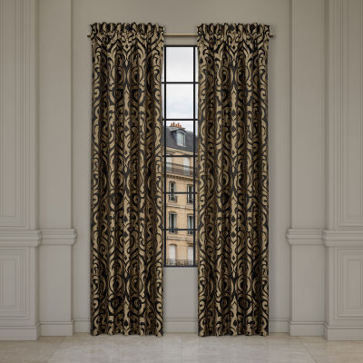Queen Street Blythe Black & Gold Rod Pocket Energy Saving Light-Filtering Set of 2 Curtain Panels