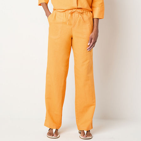 Liz Claiborne Linen Womens Mid Rise Wide Leg Drawstring Pants, Medium, Yellow
