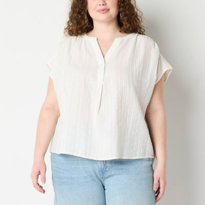 a.n.a Plus Womens Split Crew Neck Short Sleeve Blouse