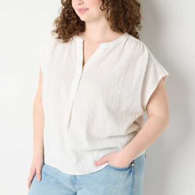 a.n.a Plus Womens Split Crew Neck Short Sleeve Blouse