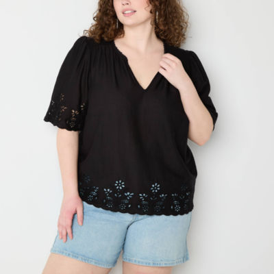 a.n.a Plus Eyelet Womens Split Crew Neck Elbow Sleeve Blouse