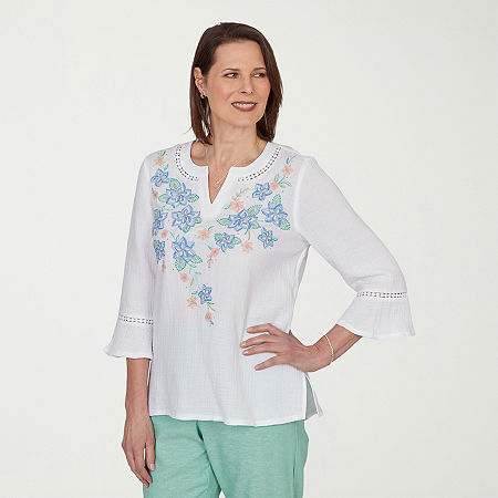 Alfred Dunner Caribbean Blues Womens Split Crew Neck 3/4 Sleeve Blouse