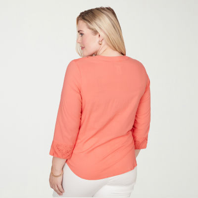 Alfred Dunner Resort Living Womens Split Crew Neck 3/4 Sleeve Lace Lined Blouse