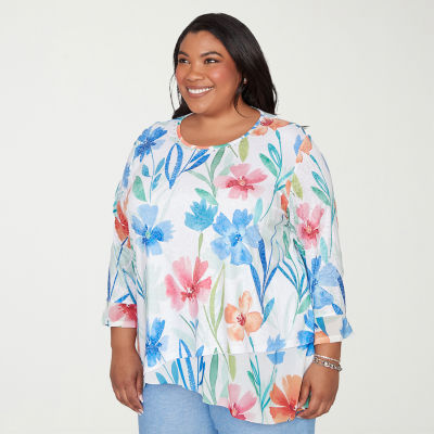 Alfred Dunner Caribbean Blues Womens Plus Crew Neck 3/4 Sleeve T-Shirt