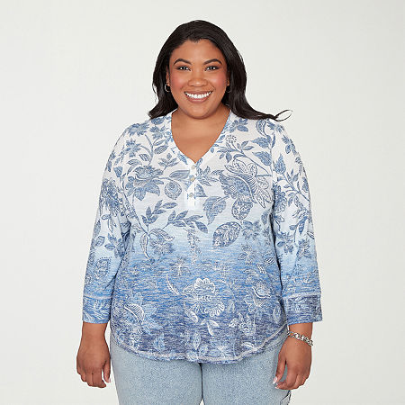 Alfred Dunner Out Of The Blue Womens Plus V Neck 3/4 Sleeve Blouse