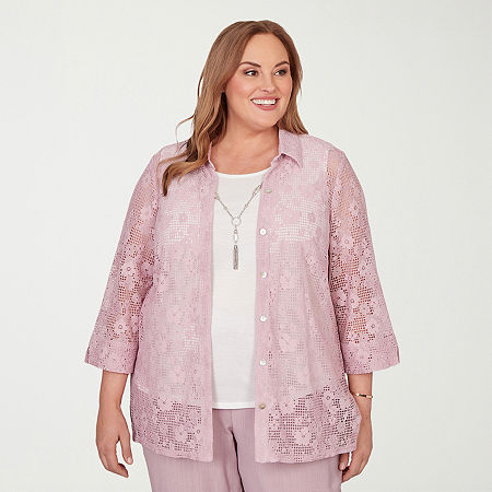 Alfred Dunner Vintage Charm Womens Plus 3/4 Sleeve Layered Top