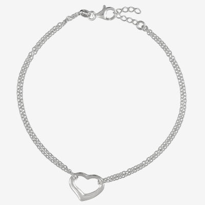 Stering Silver 10" Heart Station Ankle Bracelet