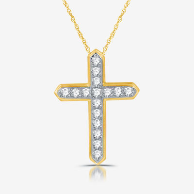 Womens 1 CT. T.W. Lab Grown White Diamond 14K Gold Over Silver Sterling Silver Cross Pendant Necklace