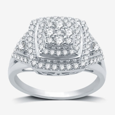 Womens 3/4 CT. T.W. Lab Grown White Diamond Sterling Silver Cushion Halo Side Stone Cocktail Ring