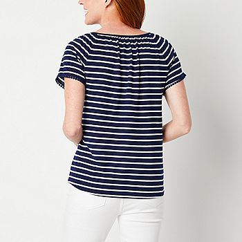 Blue and White Wide Stripe Mock Collar Long-Sleeve Jersey L | Drake's