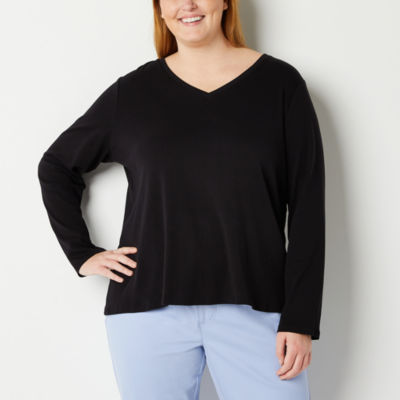Liz Claiborne Womens Plus V Neck Long Sleeve T-Shirt