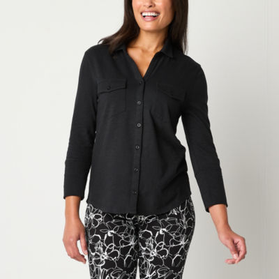 Gloria Vanderbilt No Womens 3/4 Sleeve Regular Fit Button-Down Shirt