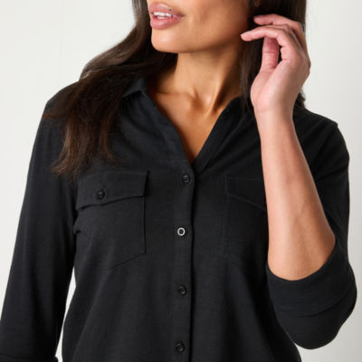 Gloria Vanderbilt No Womens 3/4 Sleeve Regular Fit Button-Down Shirt