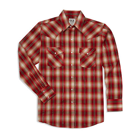 Ely Cattleman Metallic Thread Plaid Mens Long Sleeve Western Shirt, Medium, Red