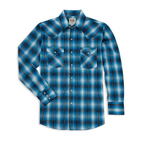 Ely Cattleman Metallic Thread Plaid Mens Long Sleeve Western Shirt, Large, Blue