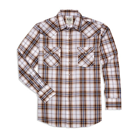 Ely Cattleman Textured Plaid Mens Long Sleeve Western Shirt In Brown
