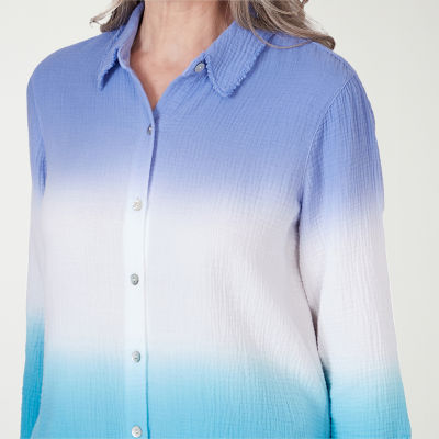 Alfred Dunner Summer Breeze Womens 3/4 Sleeve Regular Fit Button-Down Shirt