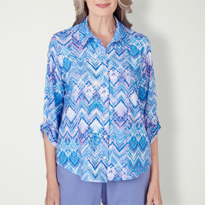 Alfred Dunner Summer Breeze Womens 3/4 Sleeve Regular Fit Button-Down Shirt