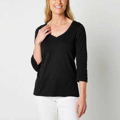 St. John's Bay Womens V Neck 3/4 Sleeve Adaptive Easy-on + Easy-off Sensory Friendly T-Shirt