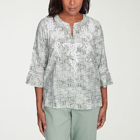 Alfred Dunner Santa Fe Womens Crew Neck 3/4 Sleeve Embroidered Blouse