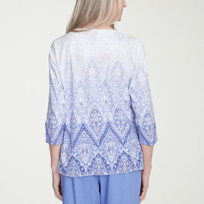 Alfred Dunner Santa Fe Womens Crew Neck 3/4 Sleeve Stretch Fabric T-Shirt