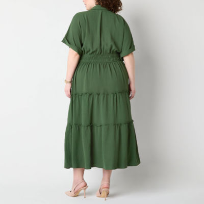 Melonie T Womens Short Sleeve Midi Plus Fit + Flare Dress