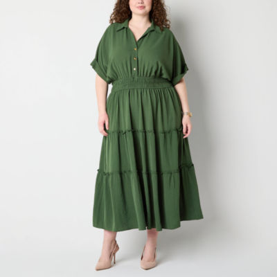 Melonie T Womens Short Sleeve Midi Plus Fit + Flare Dress