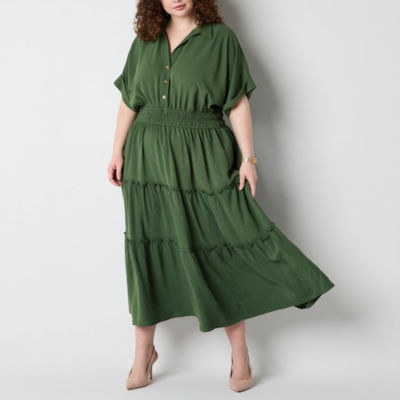 Melonie T Womens Short Sleeve Midi Plus Fit + Flare Dress