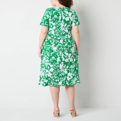 Perceptions Womens Short Sleeve Floral Midi Fit + Flare Dress Plus