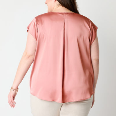 Liz Claiborne Plus Womens V Neck Short Sleeve Satin Blouse