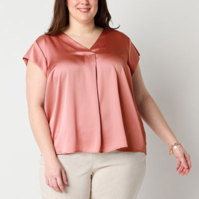 Liz Claiborne Plus Womens V Neck Short Sleeve Satin Blouse