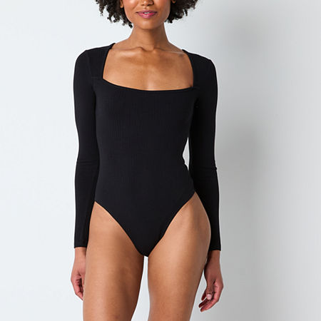 Arizona Womens Square Neck Long Sleeve Bodysuit Juniors, Small, Black