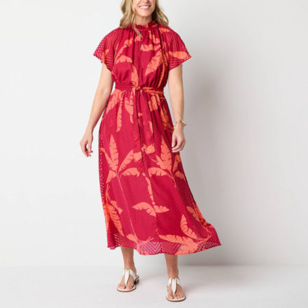 Liz Claiborne Womens Short Sleeve Leaf Midi A-Line Dress