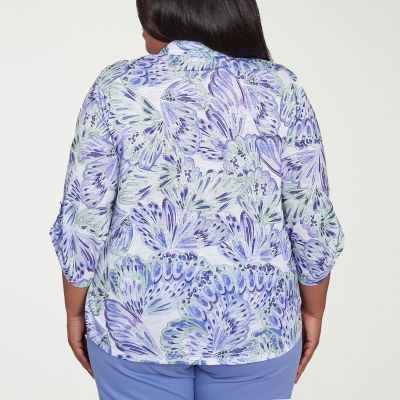 Alfred Dunner Plus Santa Fe Womens 3/4 Sleeve Button-Down Shirt