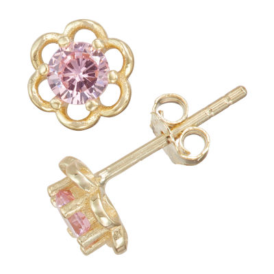 Children'S Pink Cubic Zirconia 14K Gold Over Silver 5mm Flower Stud