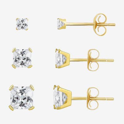 White Cubic Zirconia 10K Gold Round Pair Earring Set