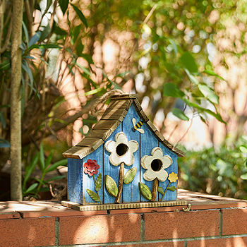 Glitzhome 10.5H Distressed Solid Wood Birdhouse with 3D Flowers