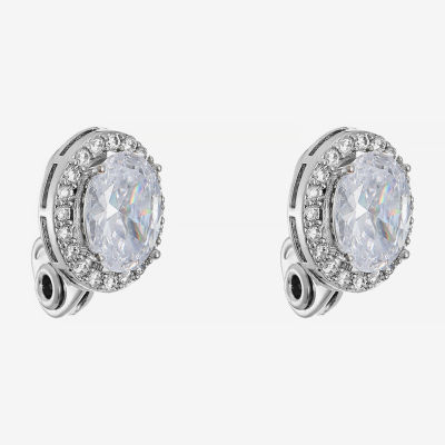 Monet Jewelry Silver Tone Halo Cubic Zirconia Oval Clip On Earrings