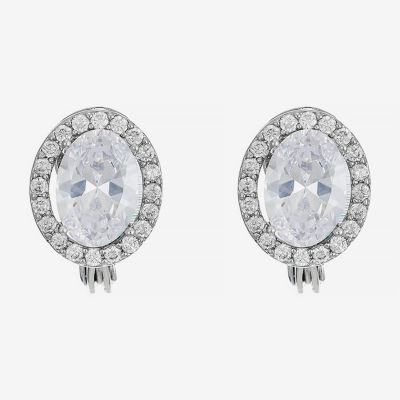 Monet Jewelry Silver Tone Halo Cubic Zirconia Oval Clip On Earrings