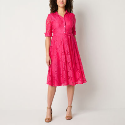 Danny & Nicole Short Sleeve Floral Lace Midi Fit + Flare Dress