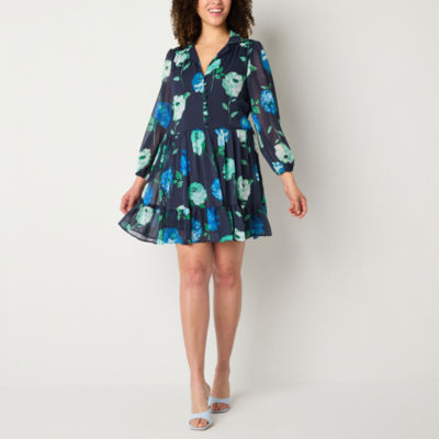 Melonie T Long Sleeve Floral Fit + Flare Dress