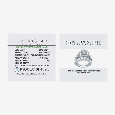 (H-I / I1) Womens 4 CT. T.W. Lab Grown White Diamond 10K White Gold Cushion Side Stone Halo Bridal Set