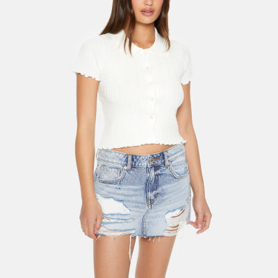 Forever 21 Juniors Cropped Womens Short Sleeve Fitted Button-Down Shirt